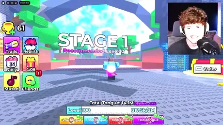 Animated Tongue Escape gameplay running Stage 2 past the Recommended Level 5 sign
